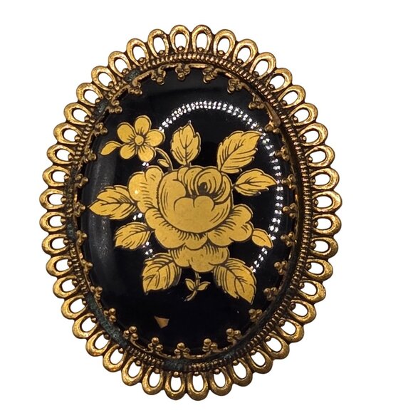 VTG Brooch Gold Tone Black Enamel Floral Cameo Antique Renaissance Granny Pin - Picture 2 of 10